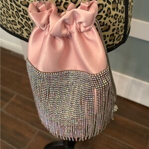 INC International Concepts Pink Satin Mini Bucket Bag with Silver Rhinestones